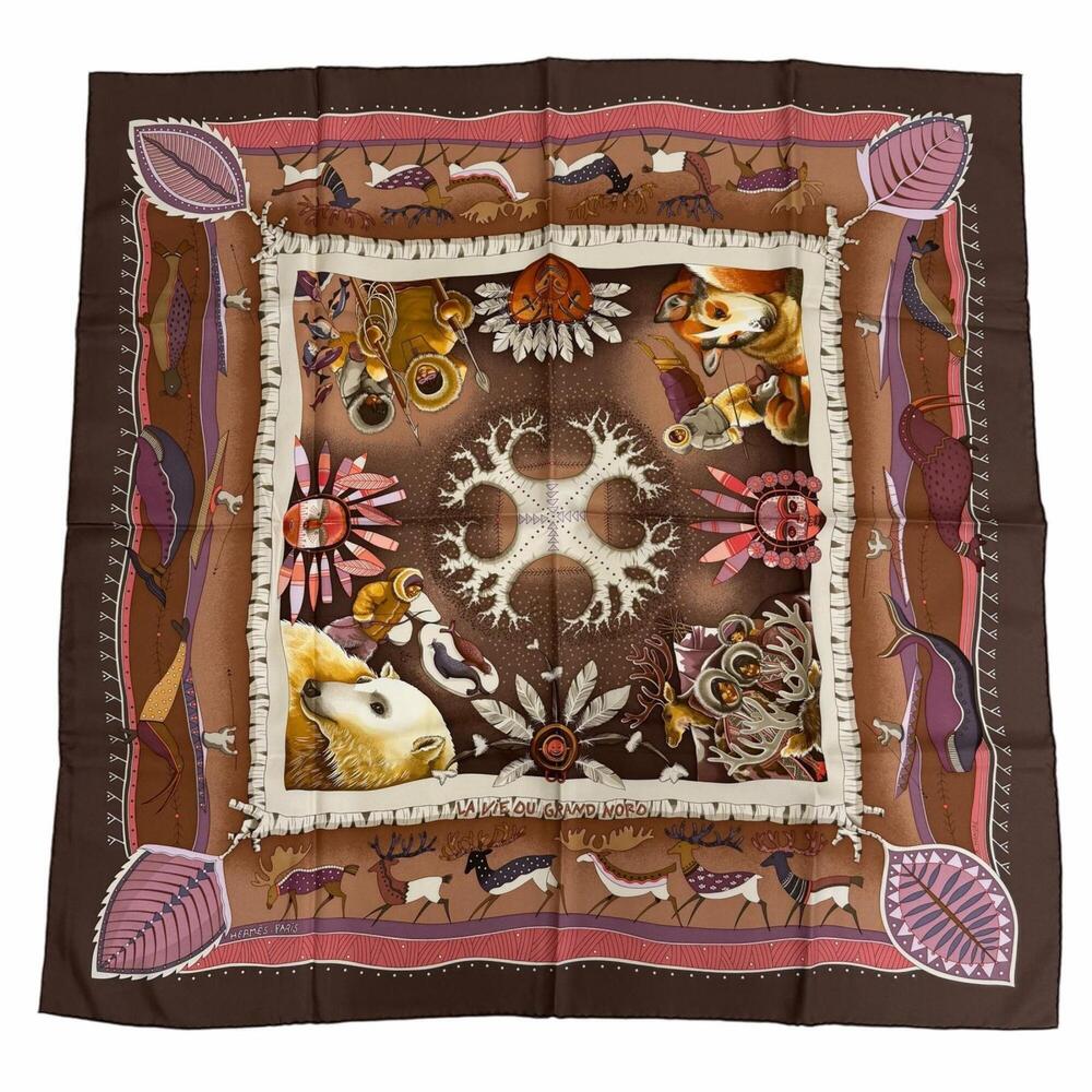 HERMES Carre 90 LA VIE DU GRAND NORD (Life in the Arctic) 100% Silk Scarf/Muf...